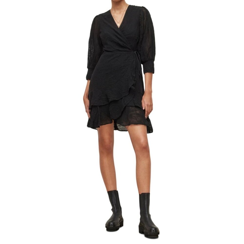 AllSaints Black Viscose Wrap Dress With Puff Sleeves Sz 4
